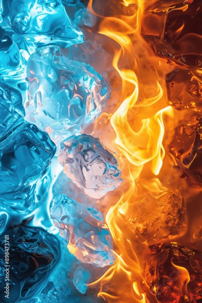 Fototapeta A visually striking image depicting the contrast between melting ice and intense flames, symbolizing the powerful interaction between cold and heat.