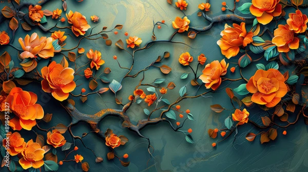 Obraz Elegant colorful with vibrant flower hanging branches illustration background. Bright color 3d abstraction wallpaper for interior mural, Generated by AI	