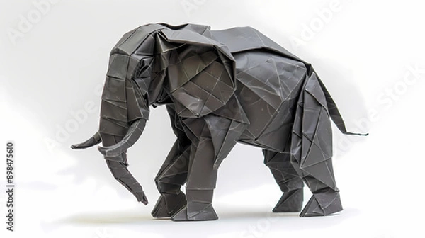 Fototapeta 3D origami image of a asian elephant on a white background, very artistic fashion