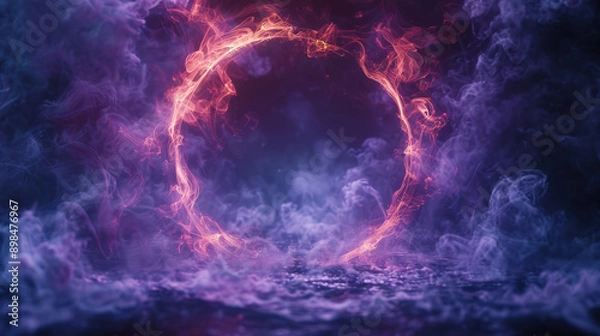 Fototapeta Mystical circular flame portal surrounded by vibrant smoke and fog, creating an enchanting and mysterious effect against a dark background.