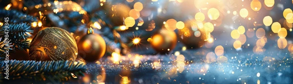 Fototapeta Golden Christmas ornaments and festive lights create a magical holiday atmosphere with sparkling bokeh effect, perfect for seasonal celebration visuals.