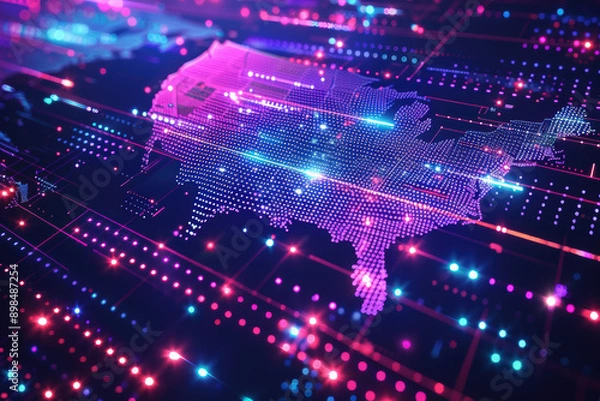 Fototapeta Vibrant data visualization of the United States, featuring neon light points and digital grids, representing technology, communication, and connectivity.