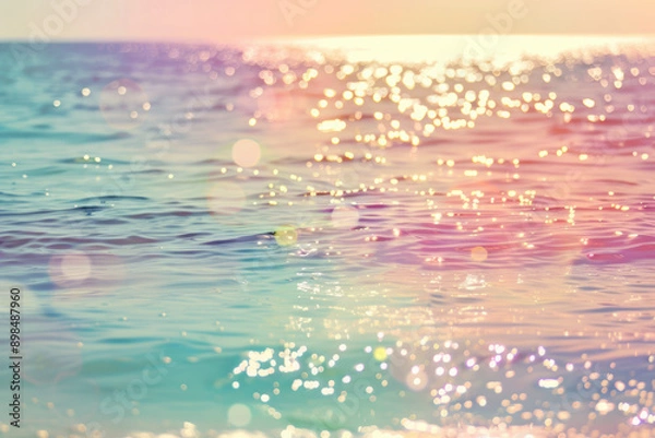 Fototapeta A dreamy pastel-colored ocean view with sunlight reflecting off the water surface, creating a serene and tranquil atmosphere in nature.