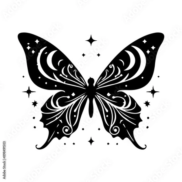 Fototapeta Bohemian Celestial butterfly tattoos, Silhouette Mystical occult symbols moth illustration.