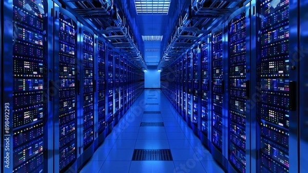 Fototapeta Rows of servers in a data center, symbolizing data storage and processing