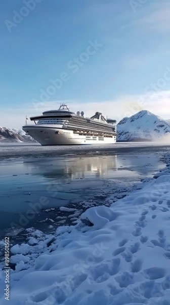 Fototapeta Cruise Ship Docked in a Snowy Landscape