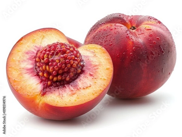 Fototapeta Juicy Fresh Peach Halves on White Background - Ripe Summer Fruit Slice Isolated for Food and Nutrition Concepts