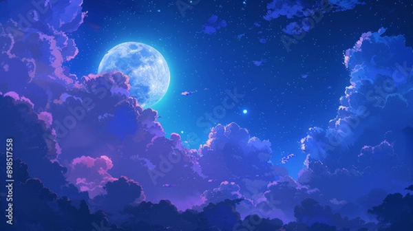 Fototapeta A gorgeous night sky shines with a full moon and puffy clouds in the pretty shades of blue, purple, and black.