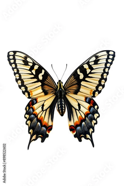 Fototapeta Butterfly in mid-flap on pure white background, showcasing vibrant colors and intricate wing patterns.