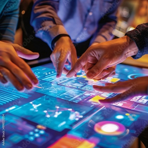 Fototapeta multiple hands using a large multi-touch