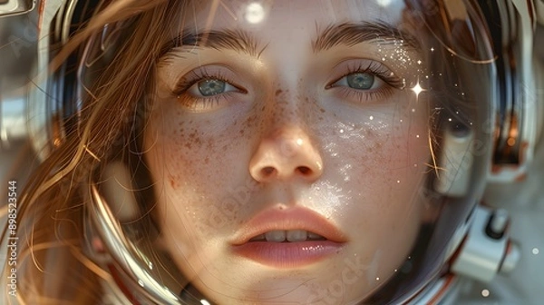 Fototapeta A girl is wearing an astronaut helmet, in the style of a cyberpunk dystopia