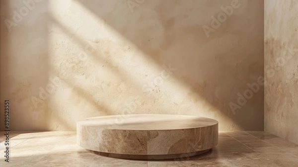 Fototapeta A round pedestal with a light shining on it