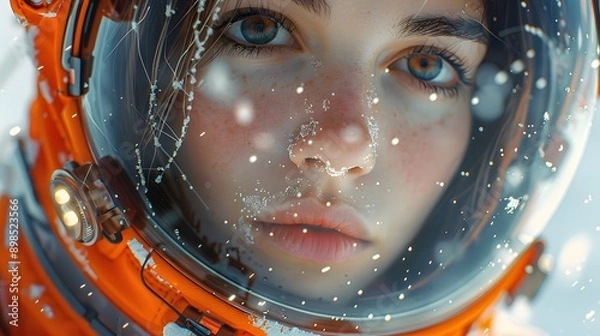 Fototapeta A girl is wearing an astronaut helmet, in the style of a cyberpunk dystopia