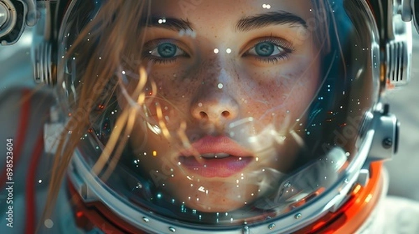 Fototapeta A girl is wearing an astronaut helmet, in the style of a cyberpunk dystopia