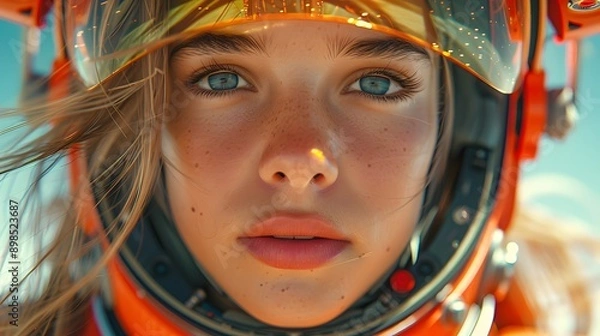 Fototapeta A girl is wearing an astronaut helmet, in the style of a cyberpunk dystopia