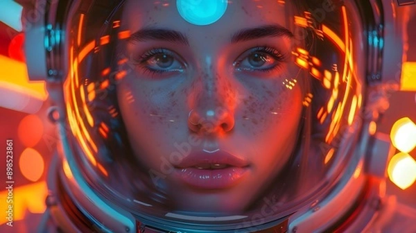 Fototapeta A girl is wearing an astronaut helmet, in the style of a cyberpunk dystopia