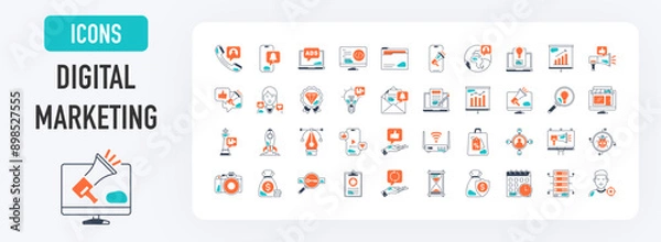 Obraz Digital marketing icon set. Such as seo, content, website, social media, sales, online advertising, notification, contact, viral, wifi, discount, survey, increase, global, mail vector icons collection