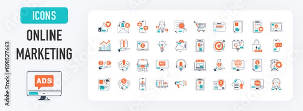 Obraz Online marketing icons set. Such as web development, optimization, target audience, email, invoice, free delivery, product, gift, advertising, article, like, social media vector icon illustration.	