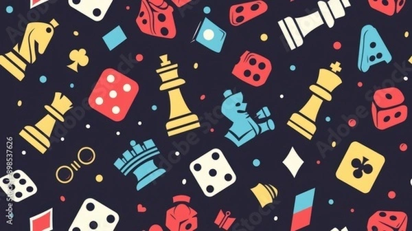 Fototapeta A seamless pattern featuring various board game elements on a dark background