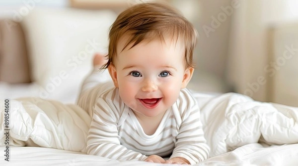 Obraz A baby boy, wearing a striped onesie, smiles and looks at the camera while lying on a white bed