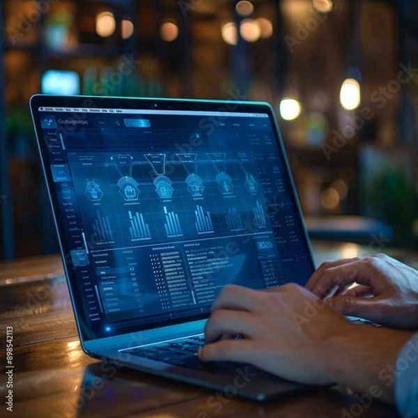 Fototapeta Detailed view of a laptop screen showing an active virus and its files 