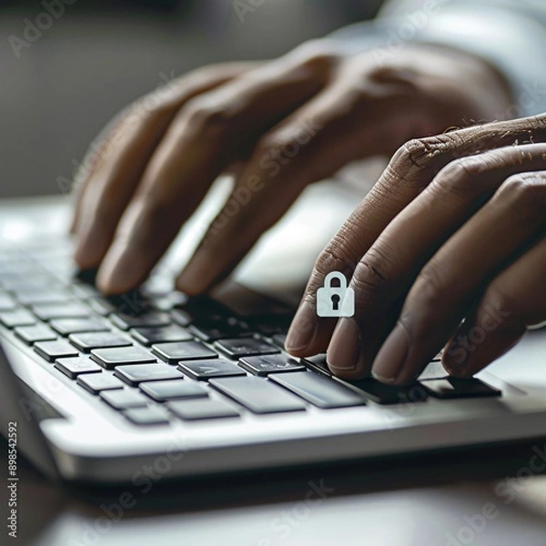 Fototapeta Detailed view of hands typing on a keyboard with lock icon 