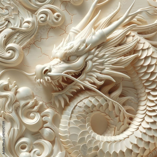 Fototapeta 3D bas-relief of a fairy-tale dragon close-up in vanilla beige tones. Resource, template for creativity, creative interior decor, exterior facade decor, fantasy character, printing on fabric, posters,