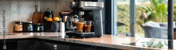 Fototapeta Modern kitchen with a sleek coffee machine on the counter by the window, capturing a cozy home ambiance with a view of the garden.