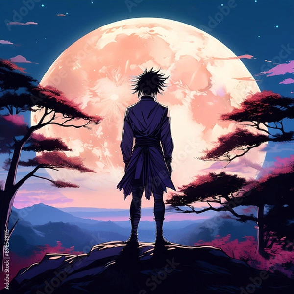 Obraz 
배경에 큰 달이 있는 숲이 내려다보이는 언덕에 서 있는 여장부 실루엣. 아니메
