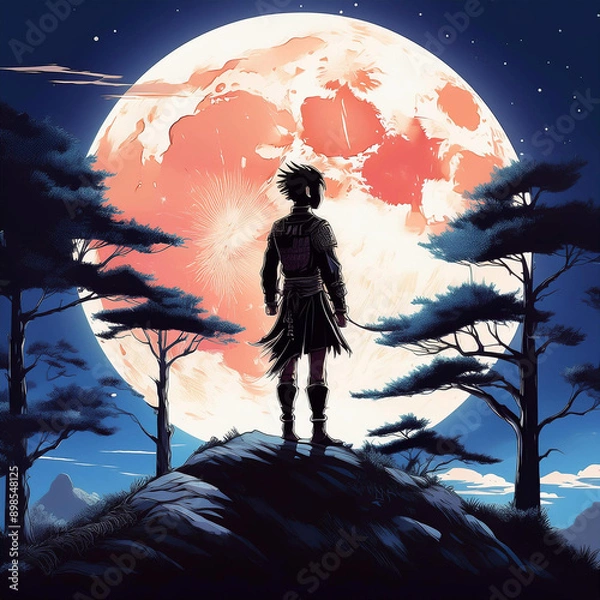 Obraz 
배경에 큰 달이 있는 숲이 내려다보이는 언덕에 서 있는 여장부 실루엣. 아니메

