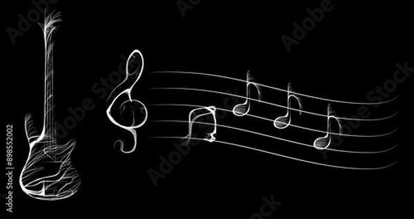 Fototapeta Composition of musical instrument guitar and notes from wavy lines along white contour on black background. Vector illustration.