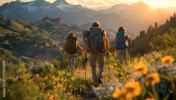 Obraz Three friends hiking in the mountains, surrounded by greenery and wildflowers