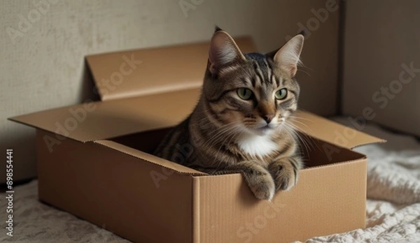 Fototapeta Tabby Cat Relaxing in a Cardboard Box