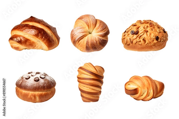 Obraz Set of various sweet breads Slices and bakery or pastries, isolated cartoon vector set of bakery products translucent background	