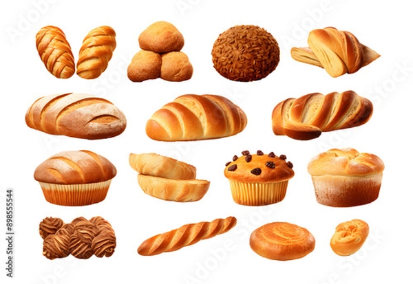 Obraz Set of various sweet breads Slices and bakery or pastries, isolated cartoon vector set of bakery products translucent background	