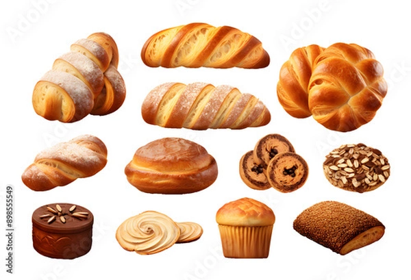Obraz Set of various sweet breads Slices and bakery or pastries, isolated cartoon vector set of bakery products translucent background	