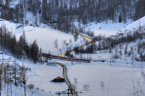 Fototapeta Photography of a train intersecting a river and a road on winter