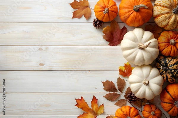 Fototapeta autumn-themed pumpkins, vibrant orange and white varieties, arranged with fallen leaves and pine cones, soft diffused sunlight casts gentle shadows, minimalistic composition,...