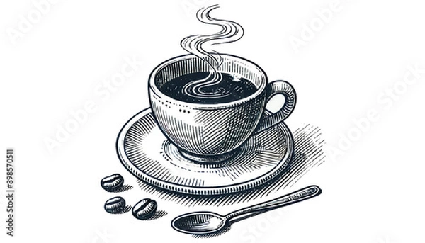 Obraz Hand-drawn coffee cup with steam on a plate