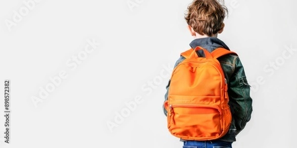 Obraz  young boy wearing a backpack is seen from behind on a white background with copy space for text. back to school concept.