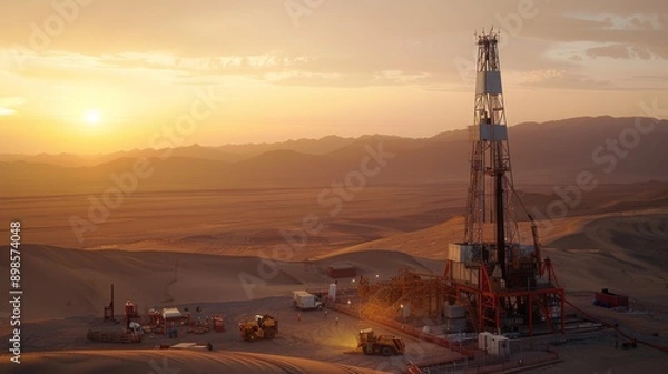 Fototapeta A detailed oil and land drilling rig set against a desert landscape, towering machinery with intricate details, workers in safety gear operating the equipment, the sun setting in the background.