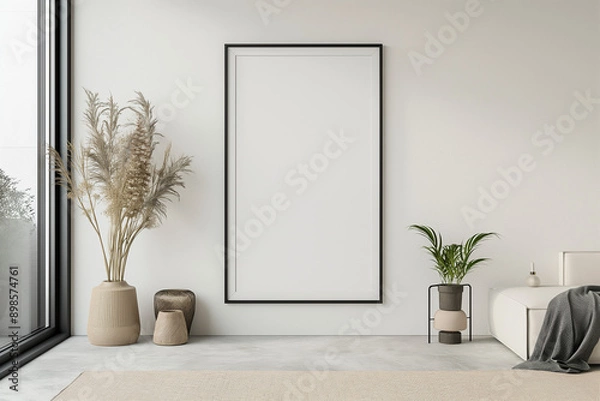 Fototapeta Frame mockup | minimalist interior design | large picture frame | beige and black vases with dried flowers | indoor potted plants | neutral color palette | floor rug | modern living space