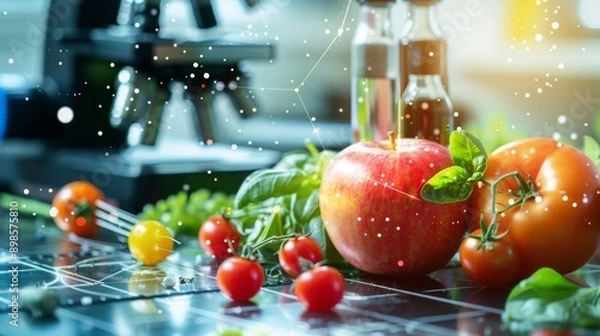 Fototapeta Illustrating a nutrition analysis app scanning factory foods against a food safety tech backdrop, highlighting tech in food safety and nutrition content