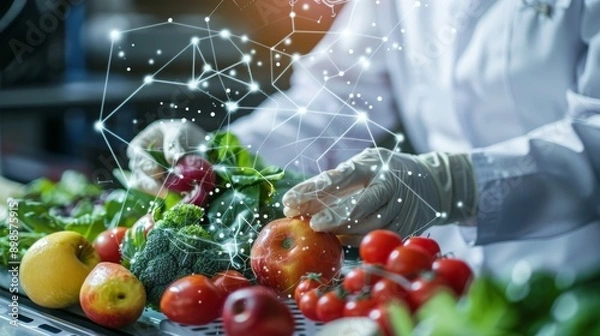 Fototapeta Illustrating a nutrition analysis app scanning factory foods against a food safety tech backdrop, highlighting tech in food safety and nutrition content
