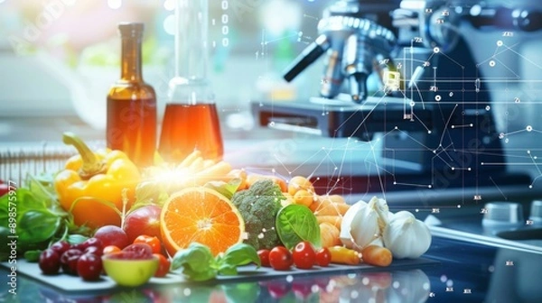 Fototapeta Illustrating a nutrition analysis app scanning factory foods against a food safety tech backdrop, highlighting tech in food safety and nutrition content