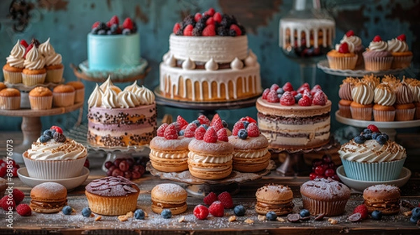 Fototapeta Extravagant dessert buffet with cakes, cupcakes, macarons and berries displayed on rustic wooden table. Concept of celebration, indulgence, and sweet temptation.