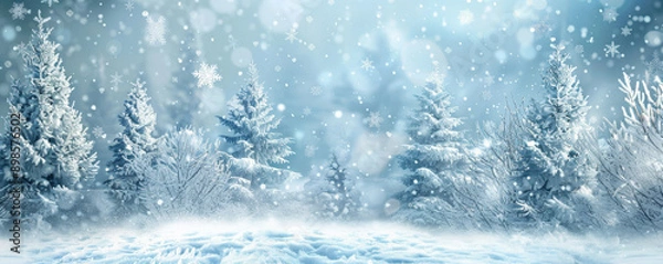 Fototapeta A snowy winter wonderland backdrop with sparkling snowflakes and frosty trees, ideal for a festive and serene atmosphere.