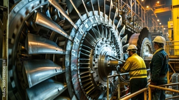 Obraz Workers maintaining the turbines inside a hydroelectric dam