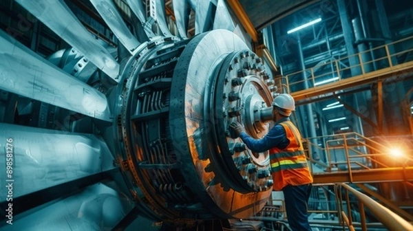 Obraz Workers maintaining the turbines inside a hydroelectric dam