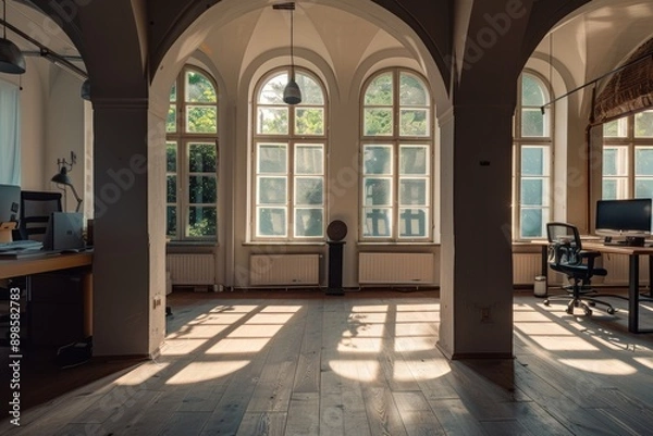 Fototapeta Interior of a modern office with wooden floor and large windows.